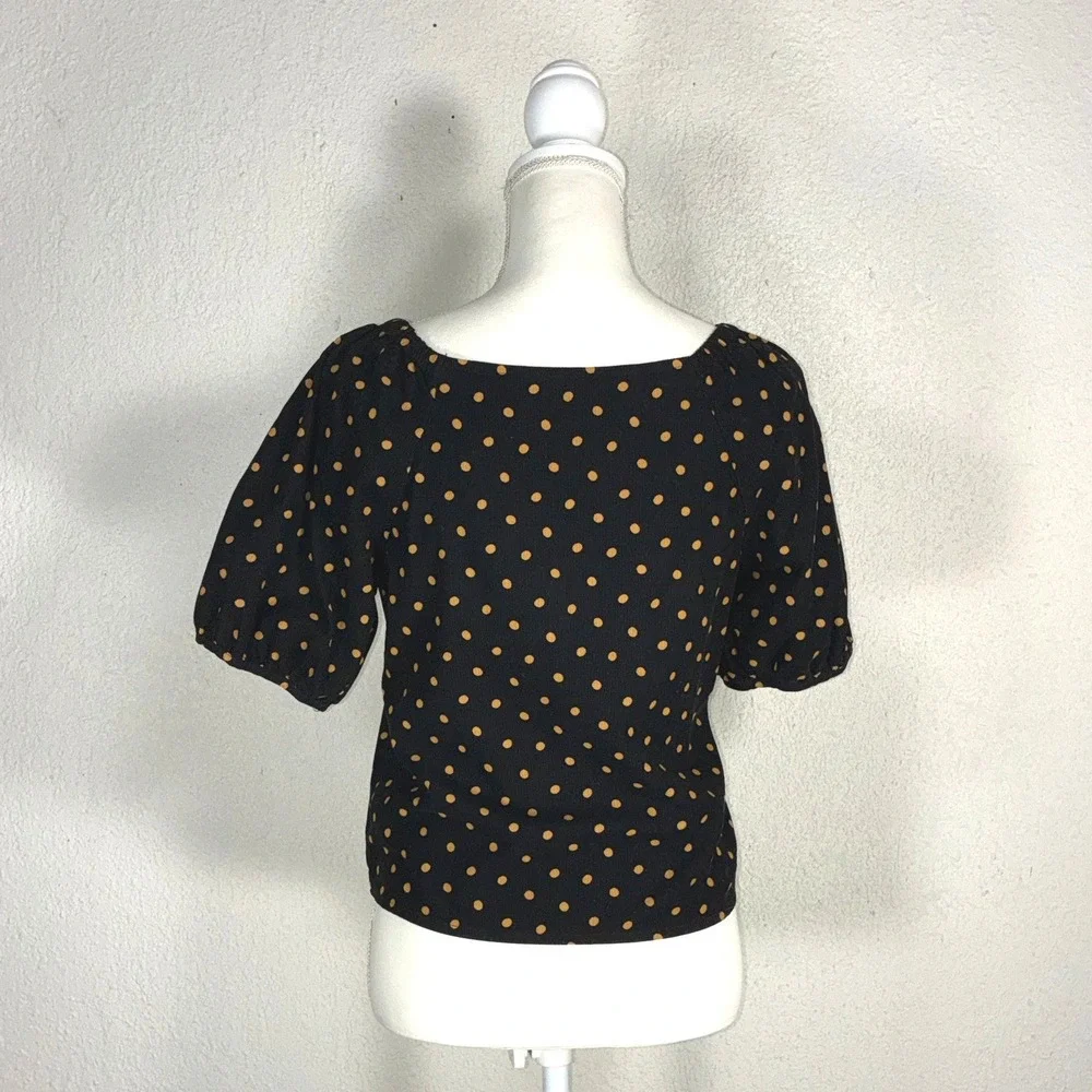 Madewell Polka Dot Corduroy Puff Sleeve Wrap Top Black‎ Tan XS G7835
